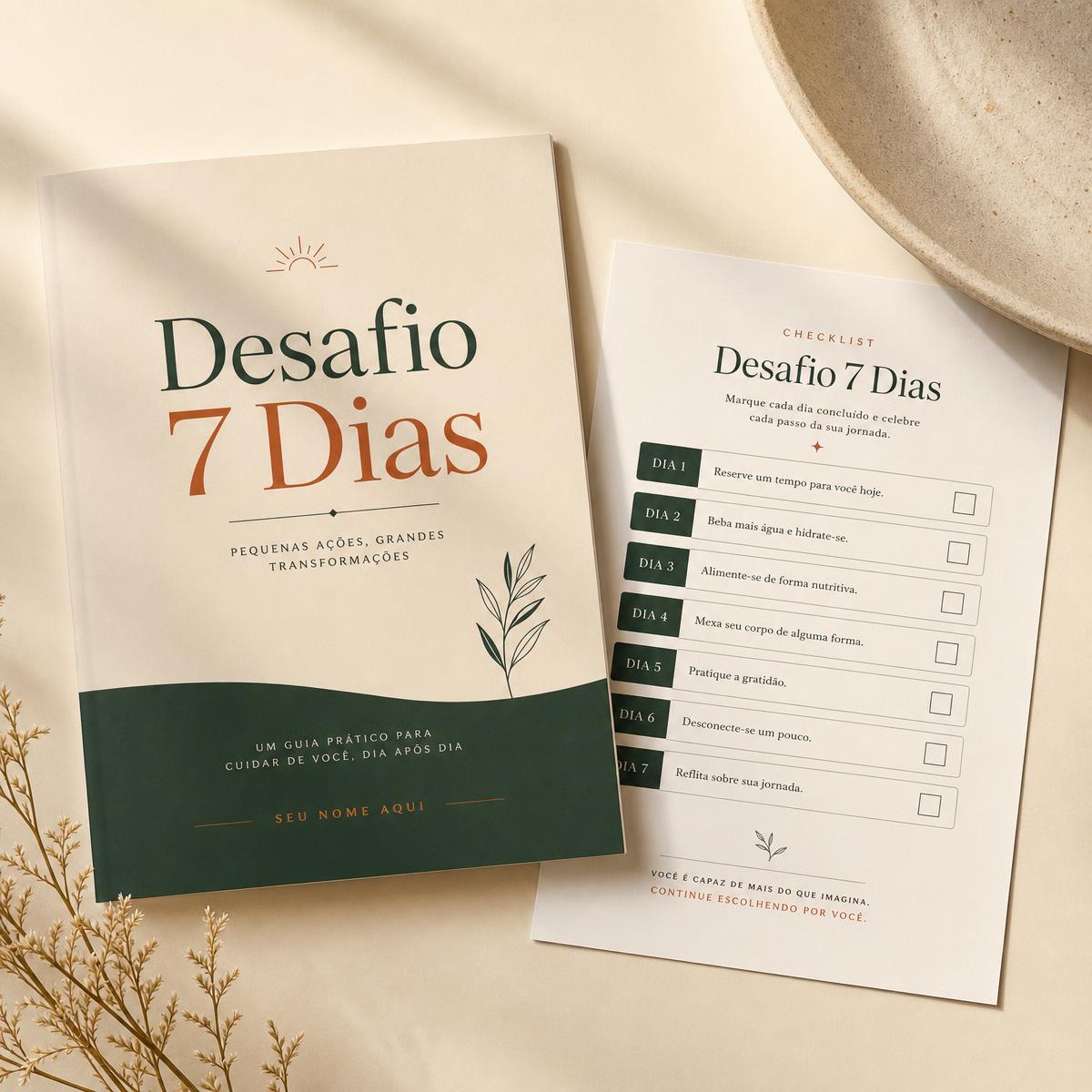 Guia impresso do Desafio 7 Dias ao lado do checklist diário